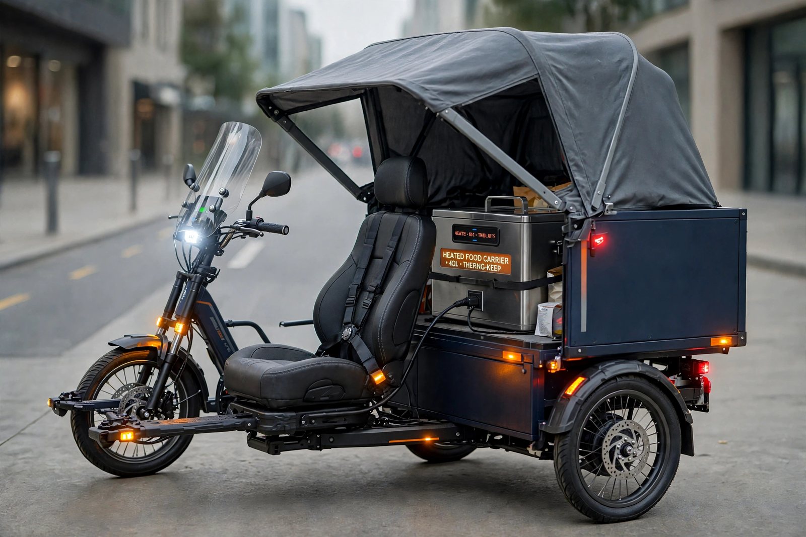 Product rendering of the Porter open cargo carrier in deep navy with canopy and rear cargo box