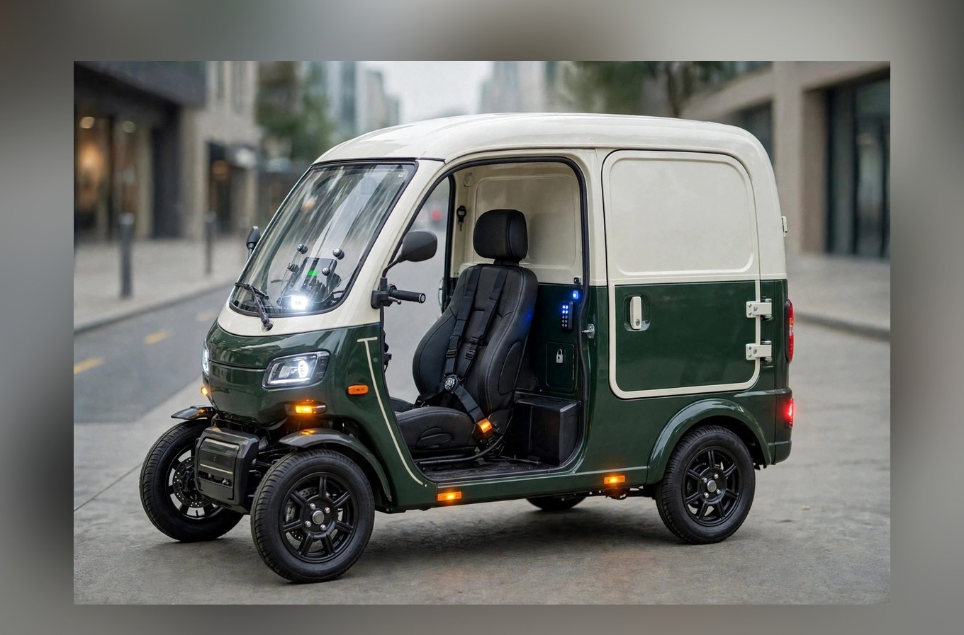 Product rendering of the Trans-Porter enclosed cargo quad in cream and deep green